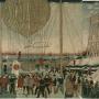 Japanese triptych print showing foreigners gathered around a hot air balloon surrounded by a crowd of spectators 1877. Image by Utagawa Hiroshige, uploaded by Quatro Valvole [Public Domain], via Wikimedia Commons
